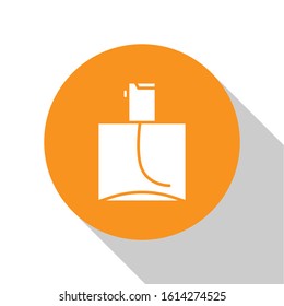White Perfume icon isolated on white background. Orange circle button. Vector Illustration