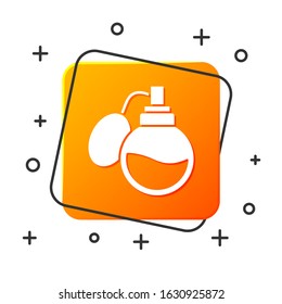 White Perfume icon isolated on white background. Orange square button. Vector Illustration