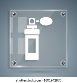White Perfume icon isolated on grey background. Square glass panels. Vector Illustration