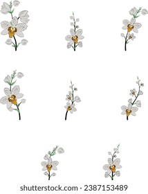 White peristeria orchid. Flowering plant with buds, stem, roots, green leaves. Detailed realistic vector design illustration.