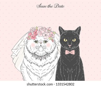 White persian cat bride in wedding veil and floral diadem and black cat groom in bow tie. Vector hand drawn animal illustration for save the date wedding party design.