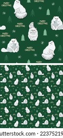 White Persian cat seamless pattern, holiday texture.Square format, t-shirt, poster, packaging, textile, textile, fabric, decoration, wrapping paper.Trendy hand-drawn cat wallpaper. Holiday background.