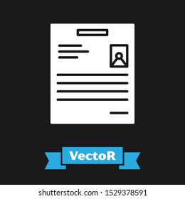 White Personal document icon isolated on black background. File icon. Checklist icon. Business concept.  Vector Illustration