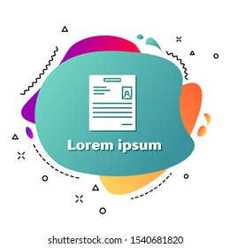 White Personal document icon isolated on white background. File icon. Checklist icon. Business concept. Abstract banner with liquid shapes. Vector Illustration