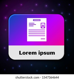 White Personal document icon isolated on black background. File icon. Checklist icon. Business concept. Rectangle color button. Vector Illustration