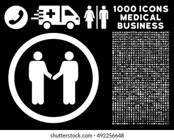 White Persons Agreement vector rounded icon. Image style is a flat icon symbol inside a circle, black background. Bonus clipart is 1000 healthcare business pictograms.