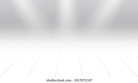 White Perspective Background. Wood Floor And Lights, Realistic Elements Empty Backdrop Or Stage Vector Illustration