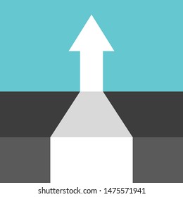 White perspective horizontal to vertical arrow going upwards from ground in turquoise blue sky. Growth, goal and success concept. Flat design. EPS 8 vector illustration, no transparency, no gradients