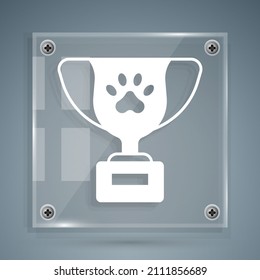 White Pet award symbol icon isolated on grey background. Medal with dog footprint as pets exhibition winner concept. Square glass panels. Vector