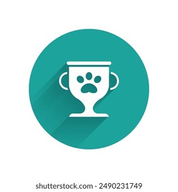 White Pet award symbol icon isolated with long shadow. Medal with dog footprint as pets exhibition winner concept. Green circle button. Vector