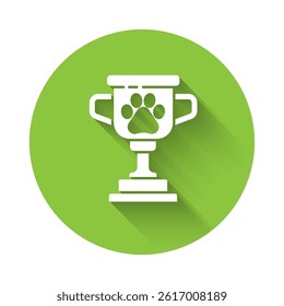 White Pet award symbol icon isolated with long shadow. Medal with dog footprint as pets exhibition winner concept. Green circle button. Vector