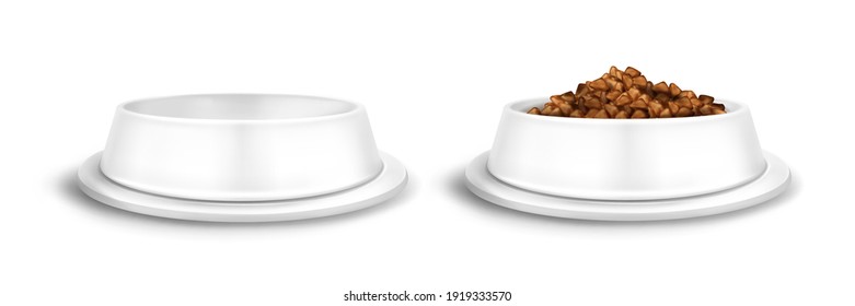 White Pet Bowls, Empty And Full Of Food Plate For Dog Or Cat. Vector Realistic Mockup Of Blank Plastic Dish With Pile Of Dry Feed For Domestic Animals Isolated On White Background