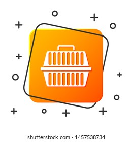 White Pet carry case icon isolated on white background. Carrier for animals, dog and cat. Container for animals. Animal transport box. Orange square button. Vector Illustration