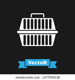 White Pet carry case icon isolated on black background. Carrier for animals, dog and cat. Container for animals. Animal transport box.  Vector Illustration