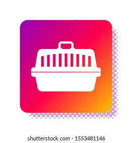 White Pet carry case icon isolated on white background. Carrier for animals, dog and cat. Container for animals. Animal transport box. Square color button. Vector Illustration