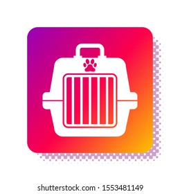 White Pet carry case icon isolated on white background. Carrier for animals, dog and cat. Container for animals. Animal transport box. Square color button. Vector Illustration
