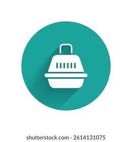 White Pet carry case icon isolated with long shadow. Carrier for animals, dog and cat. Container for animals. Animal transport box. Green circle button. Vector