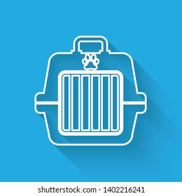 White Pet carry case line icon isolated with long shadow. Carrier for animals, dog and cat. Container for animals. Animal transport box. Vector Illustration