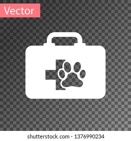 White Pet first aid kit icon isolated on transparent background. Dog or cat paw print. Clinic box. Vector Illustration