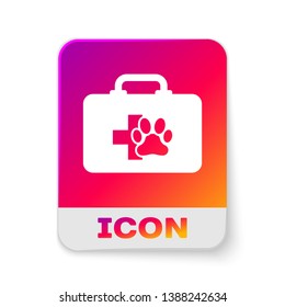 White Pet first aid kit icon isolated on white background. Dog or cat paw print. Clinic box. Rectangle color button. Vector Illustration