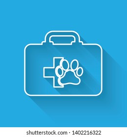 White Pet first aid kit line icon isolated with long shadow. Dog or cat paw print. Clinic box. Vector Illustration