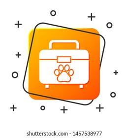 White Pet first aid kit icon isolated on white background. Dog or cat paw print. Clinic box. Orange square button. Vector Illustration