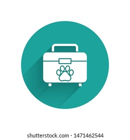 White Pet first aid kit icon isolated with long shadow. Dog or cat paw print. Clinic box. Green circle button. Vector Illustration