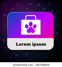 White Pet first aid kit icon isolated on black background. Dog or cat paw print. Clinic box. Rectangle color button. Vector Illustration
