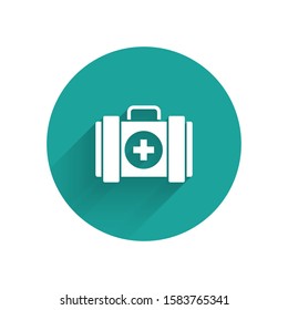 White Pet first aid kit icon isolated with long shadow. Dog or cat paw print. Clinic box. Green circle button. Vector Illustration