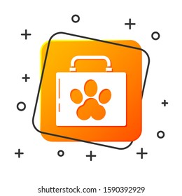 White Pet first aid kit icon isolated on white background. Dog or cat paw print. Clinic box. Orange square button. Vector Illustration