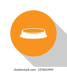 White Pet food bowl for cat or dog icon isolated on orange background. Orange circle button. Vector Illustration