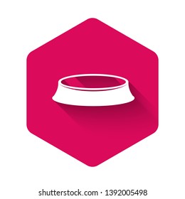 White Pet food bowl for cat or dog icon isolated with long shadow. Pink hexagon button. Vector Illustration