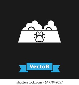 White Pet food bowl for cat or dog icon isolated on black background. Dog or cat paw print.  Vector Illustration