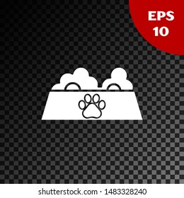 White Pet food bowl for cat or dog icon isolated on transparent dark background. Dog or cat paw print.  Vector Illustration