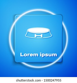 White Pet food bowl for cat or dog icon isolated on blue background. Dog bone sign. Blue square button. Vector Illustration