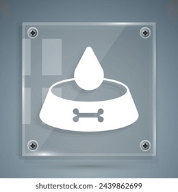 White Pet food bowl for cat or dog icon isolated on grey background. Dog or cat paw print. Square glass panels. Vector