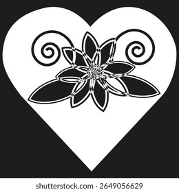 White petaled flower. Center mandala style. Spiral ornaments added. Sharp petal outlines.