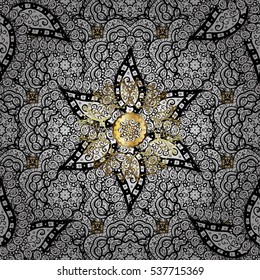 White petals with doodles flowers. Vector. Golden elements. Radial gradient shadow.