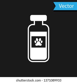 White Pets vial medical icon isolated on black background. Prescription medicine for animal. Vector Illustration