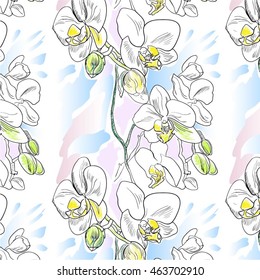 White phalaenopsis orchid, seamless pattern, vector