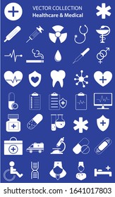 White Pharmacy medication set symbols by blue fon. Flat black simple vector icons for doctor healthcare design. Hospital medical equipment set.