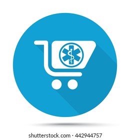 White Pharmacy Store icon on blue button isolated on white