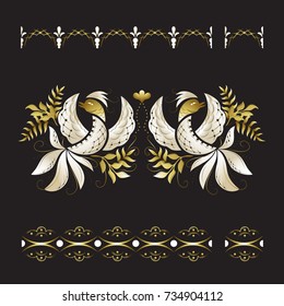 White phoenix birds with gold leaves ornament. Two decorative borders.