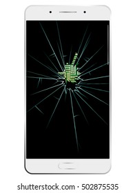 White phone with broken screen. Communication is interrupted. Through hole printed circuit board is visible.