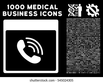 White Phone Call Calendar Page vector icon with 1000 medical business pictograms. Set style is flat symbols, white color, black background.