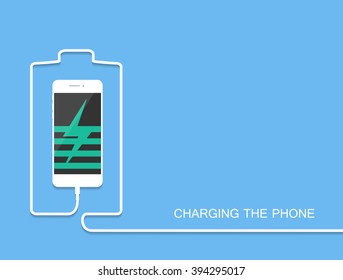 White Phone charging with energy bank. Smarthone and line wire. Minimalism Outline earphone. . Eps10. Trendy simple Vector illustration banner, card, template for your design.