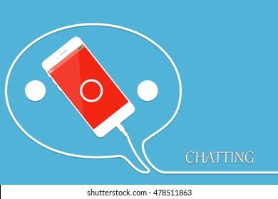 White Phone charging in style chat sign. Chatting Smartphone with line wire. Greeting headphone concept. Minimalism, Outline earphone. Trendy simple Vector illustration banner, card, template design