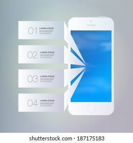 White phone design with numbered infographic text boxes, blue sky background with clouds Eps 10 stock vector illustration 