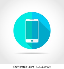 White phone in flat design with long shadow. Vector illustration. Simple phone icon on blue round button.