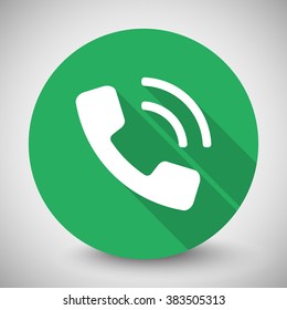 White Phone icon with long shadow on green circle